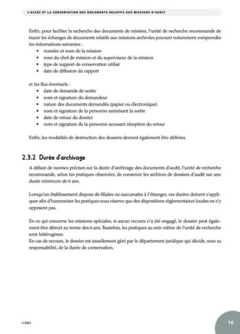 L'accès et la conservation des documents relatifs à la mission d'audit page 16