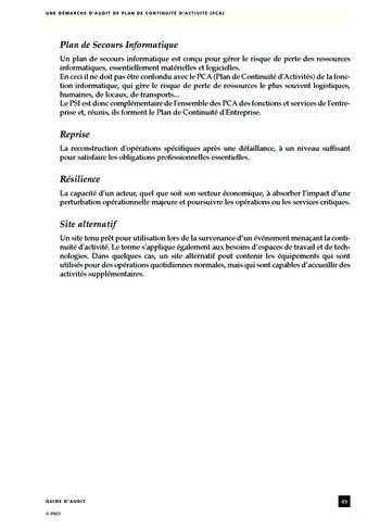 Une démarche d'audit de plan de continuité d'activité (PCA) page 49