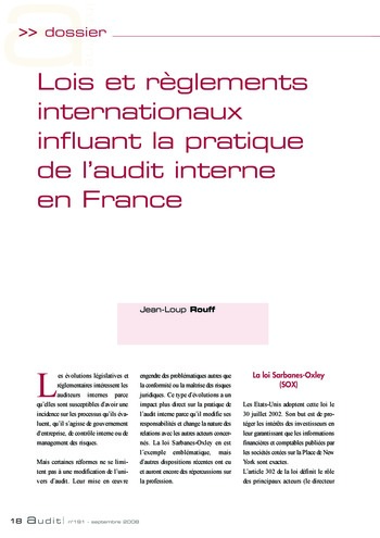 N°191 - sept 2008 L'influence des lois et règlements internationaux sur la pratique de l'audit interne en France page 18