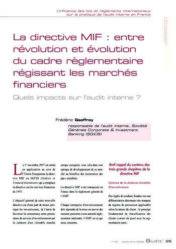 N°191 - sept 2008 L'influence des lois et règlements internationaux sur la pratique de l'audit interne en France page 29