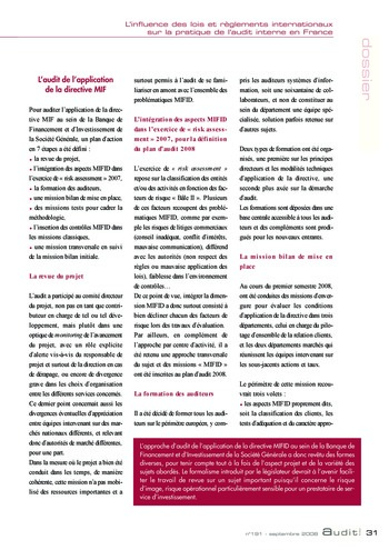 N°191 - sept 2008 L'influence des lois et règlements internationaux sur la pratique de l'audit interne en France page 31