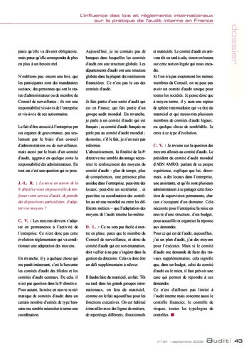 N°191 - sept 2008 L'influence des lois et règlements internationaux sur la pratique de l'audit interne en France page 43