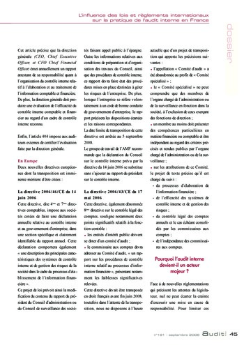 N°191 - sept 2008 L'influence des lois et règlements internationaux sur la pratique de l'audit interne en France page 45