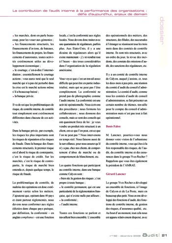 N°192 - déc 2008 La contribution de l'audit interne à la performance des organisations : défis d'aujourd'hui, enjeux de demain page 21