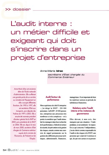 N°192 - déc 2008 La contribution de l'audit interne à la performance des organisations : défis d'aujourd'hui, enjeux de demain page 54
