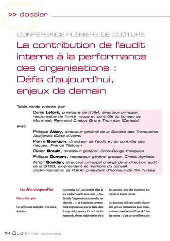 N°192 - déc 2008 La contribution de l'audit interne à la performance des organisations : défis d'aujourd'hui, enjeux de demain page 74
