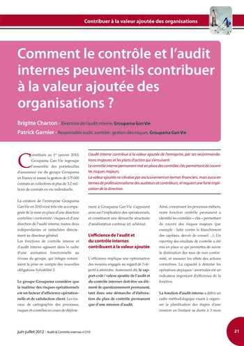 N°210 - juin 2012 Comment l'audit interne peut-il contribuer à la valeur ajoutée des organisations ? page 21