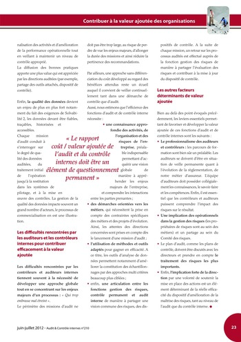 N°210 - juin 2012 Comment l'audit interne peut-il contribuer à la valeur ajoutée des organisations ? page 23