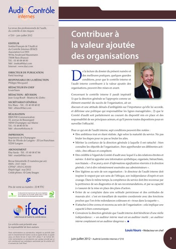N°210 - juin 2012 Comment l'audit interne peut-il contribuer à la valeur ajoutée des organisations ? page 3