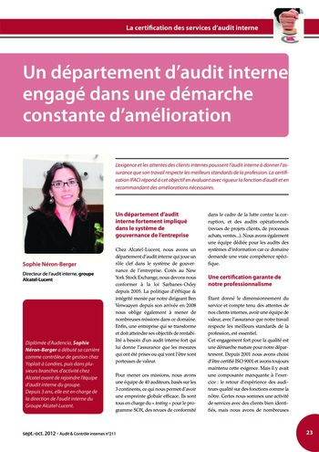 N°211 - sept 2012 La certification des services d'audit interne page 23