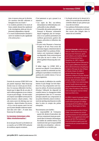N°215 - juil 2013 Le nouveau COSO : La mise en œuvre d’un dispositif de contrôle interne pertinent page 27