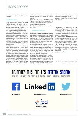 N°010 - juin 2017 Médias sociaux : enjeu pour l’audit interne (maîtrise des risques liés aux médias sociaux, en particulier réputation) page 40
