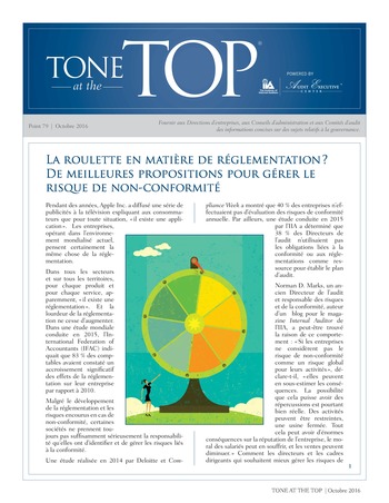 Tone at the top 79 - La roulette en matière de réglementation ? De meilleures propositions pour gérer le risque de non-conformité / oct 2016 page 1